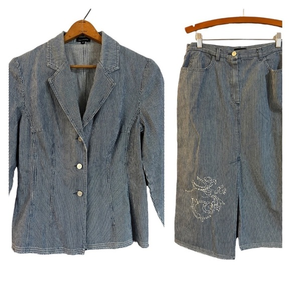 Caroline Biss Blazer Skirt Outfit Set Size 42 Denim Teacher Academia - Picture 1 of 8